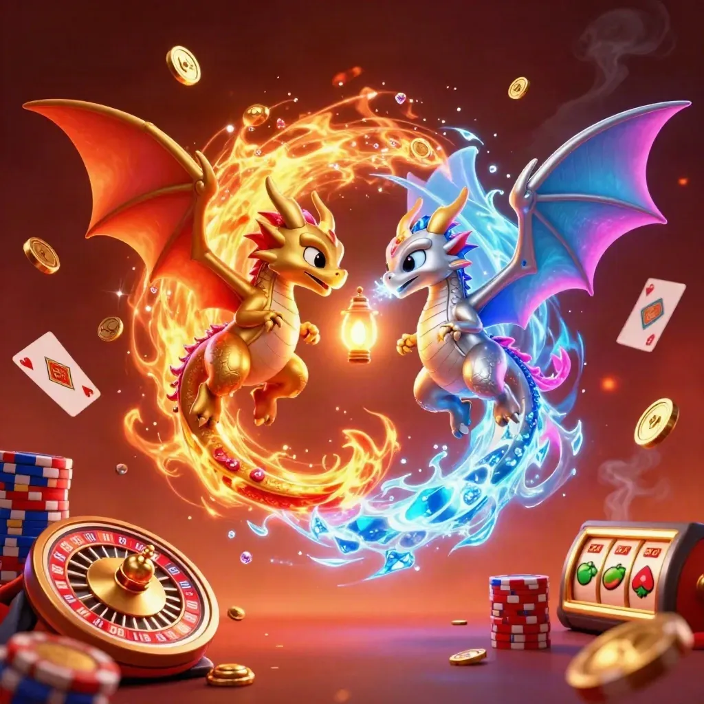 Gold and silver dragons spiral around a lantern spirit amid casino loot and neon embers