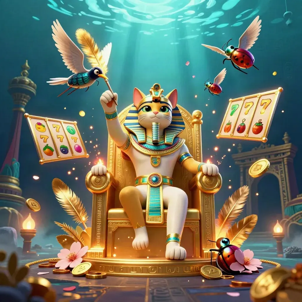 Pharaoh cat, ibis scribe, and gem-winged scarabs burst in a neon casino fantasy scene.