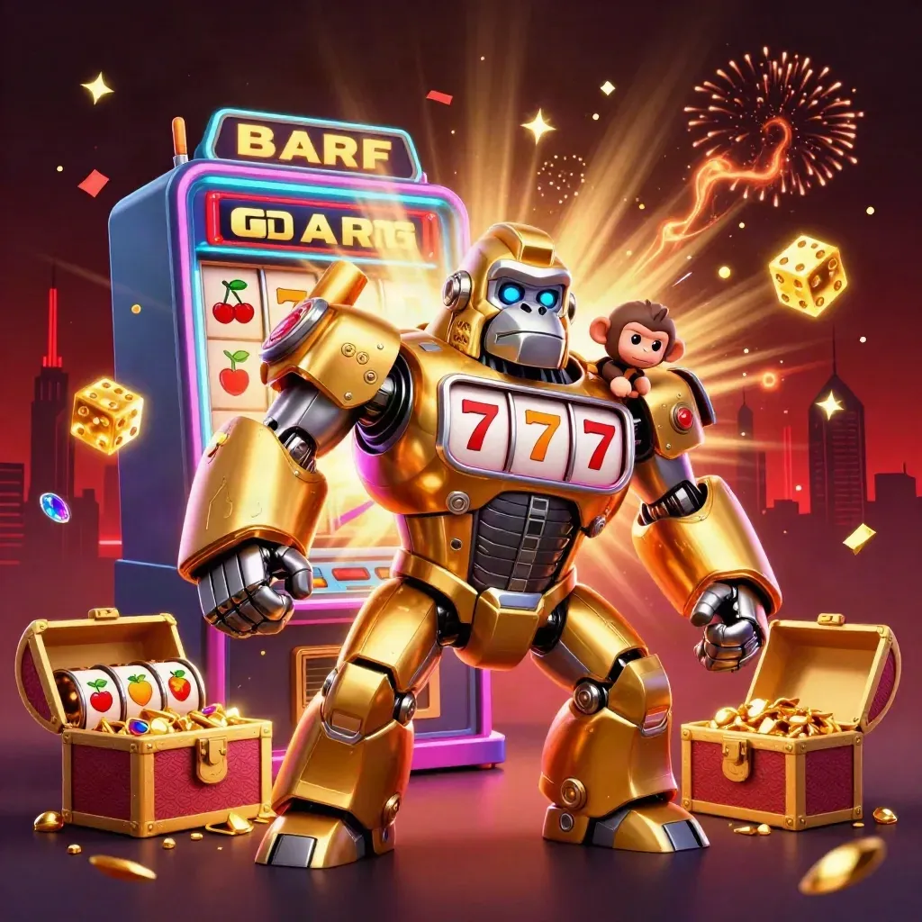 Golden gorilla mech with monkey pilot, slot symbols, gold bursts, and neon casino energy