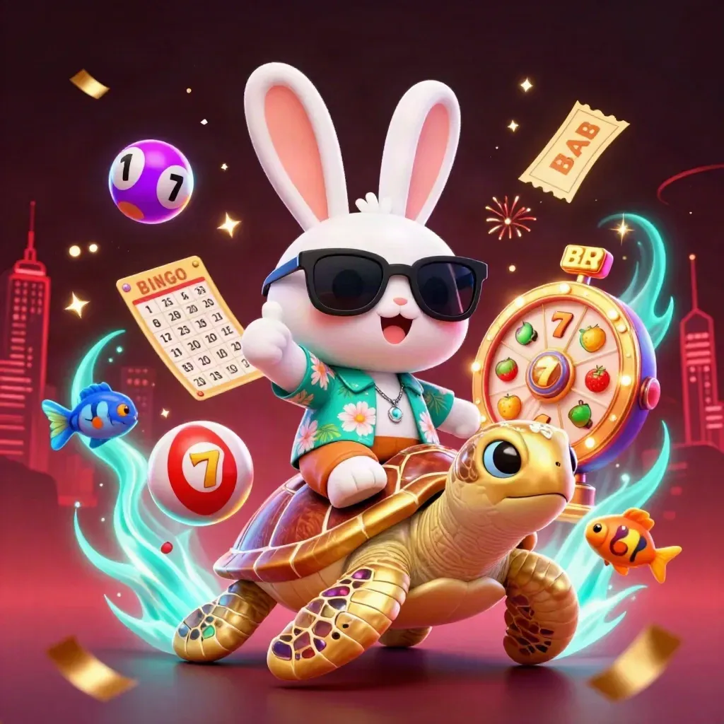 Lucky rabbit rides a gem-shell sea turtle as casino tokens and neon sparks burst around them.