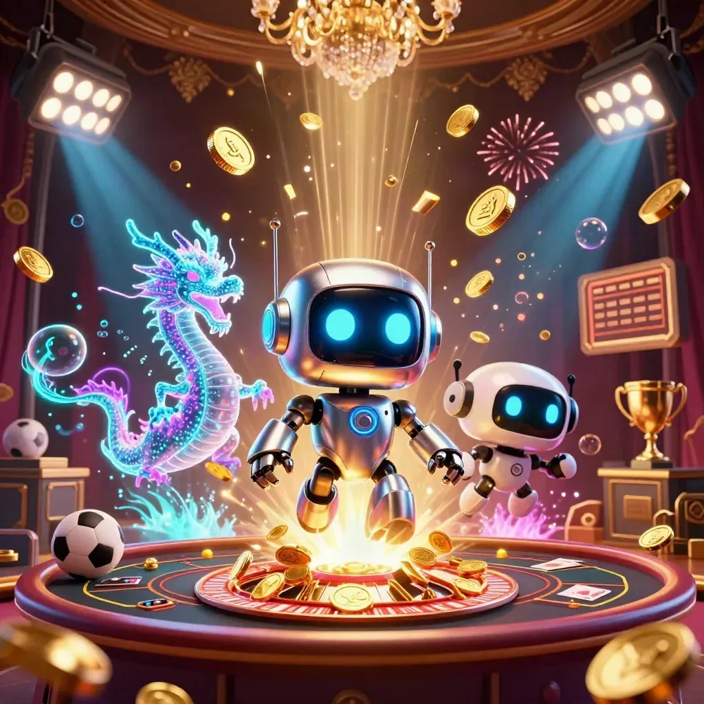 Cyberpunk robot, holographic dragon, and drone amid coins, roulette wheel, and casino sparks.