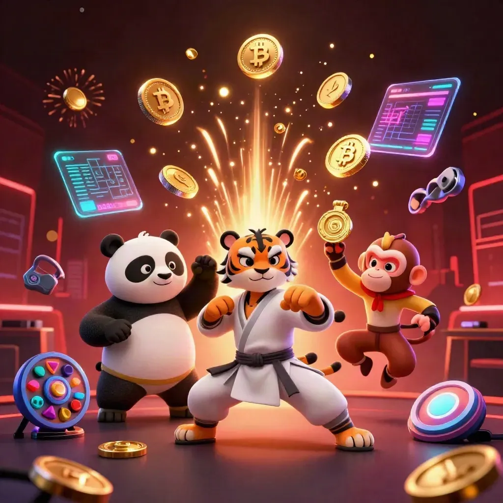 Kung-fu tiger, panda, and monkey amid casino treasure, crypto coins, roulette wheel, and neon bursts.