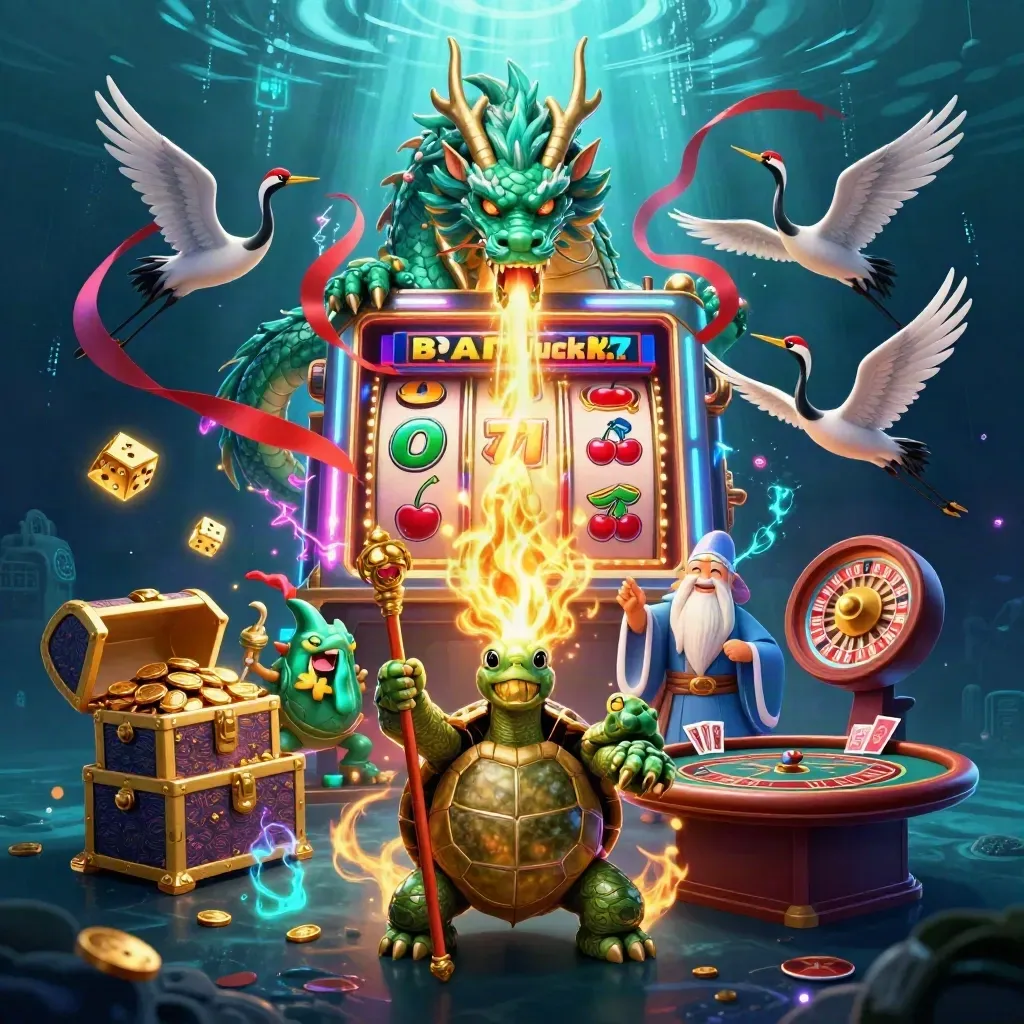 Emerald dragon, turtle sage and cranes burst from a slot machine amid gold coins and neon casino energy.