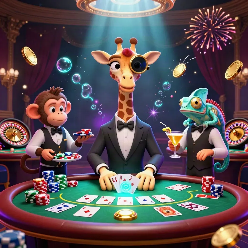 Cartoon giraffe, monkey valet, and chameleon bartender amid neon casino chips, cards, and glowing effects.
