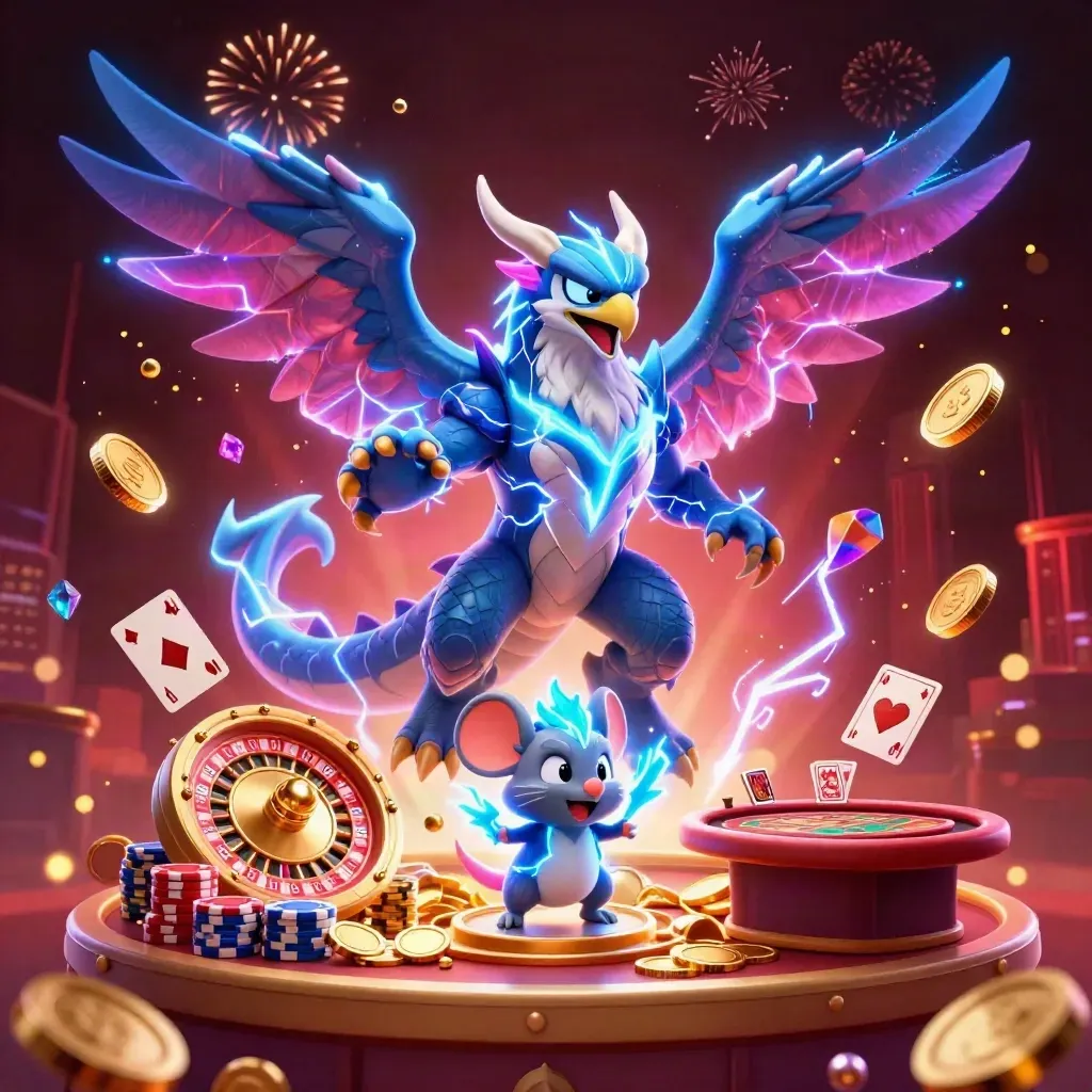 Thunder dragon, glowing hawk, and static mouse amid coins, fireworks, and casino symbols