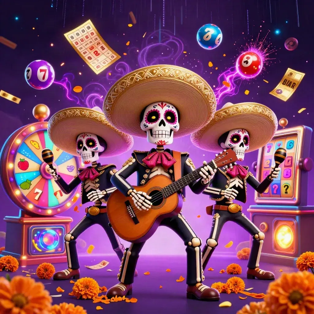 Three skeleton mariachi musicians amid reels, lottery balls, prize wheel, tickets, and neon casino energy.
