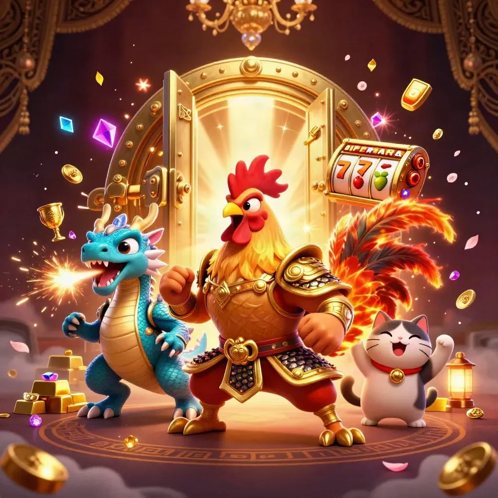Rooster warrior, dragon hatchling, and fortune cat amid a vault burst, gold, gems, and neon casino effects.