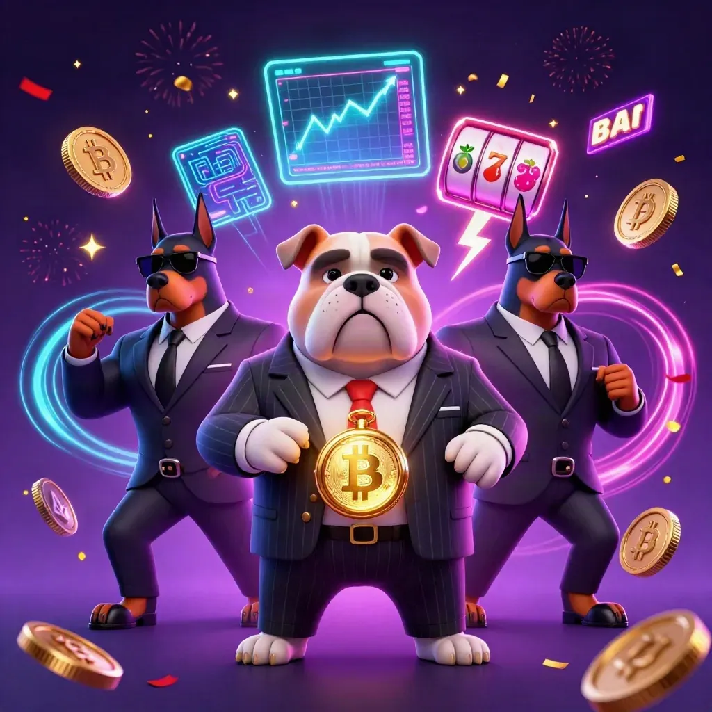 Bulldog mob boss with two doberman guards amid neon crypto coins and slot reels.