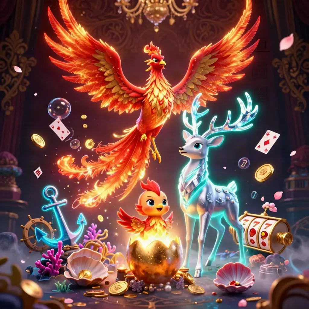 Fire phoenix, hatchling, and crystalline stag amid casino treasure and glowing effects.