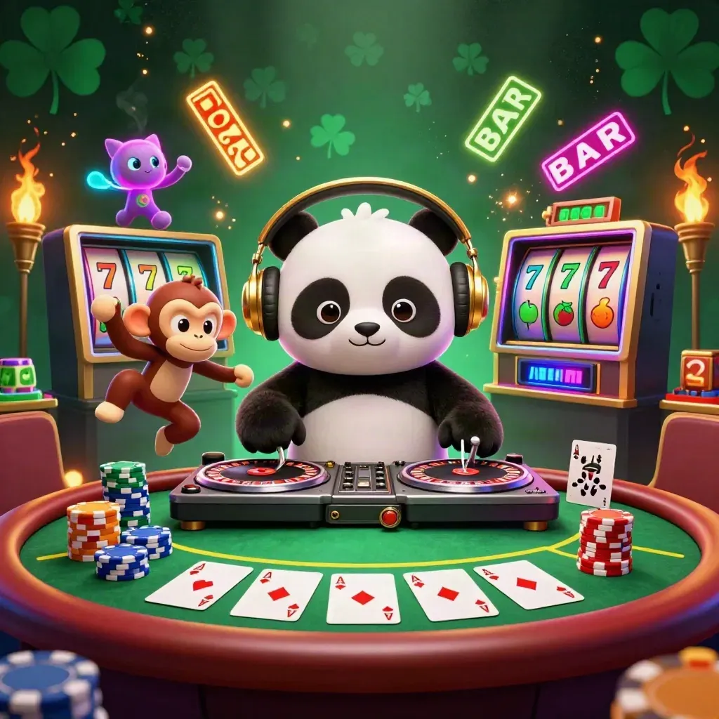 DJ panda, dancing monkey, and rave kitten amid roulette wheels, chips, aces, and neon casino glow