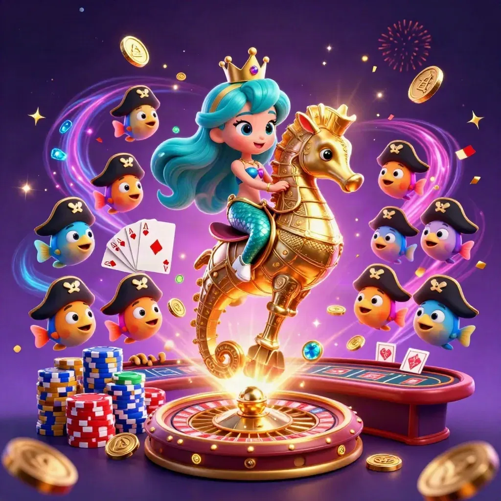 Mermaid princess on armored seahorse amid casino chips, coins, cards, and neon magic.