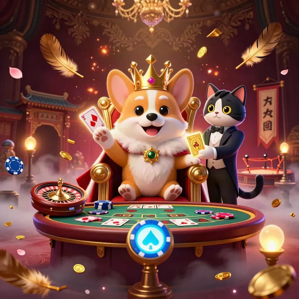 Royal corgi king and cat butler amid neon casino riches, roulette, coins, and a temple gate