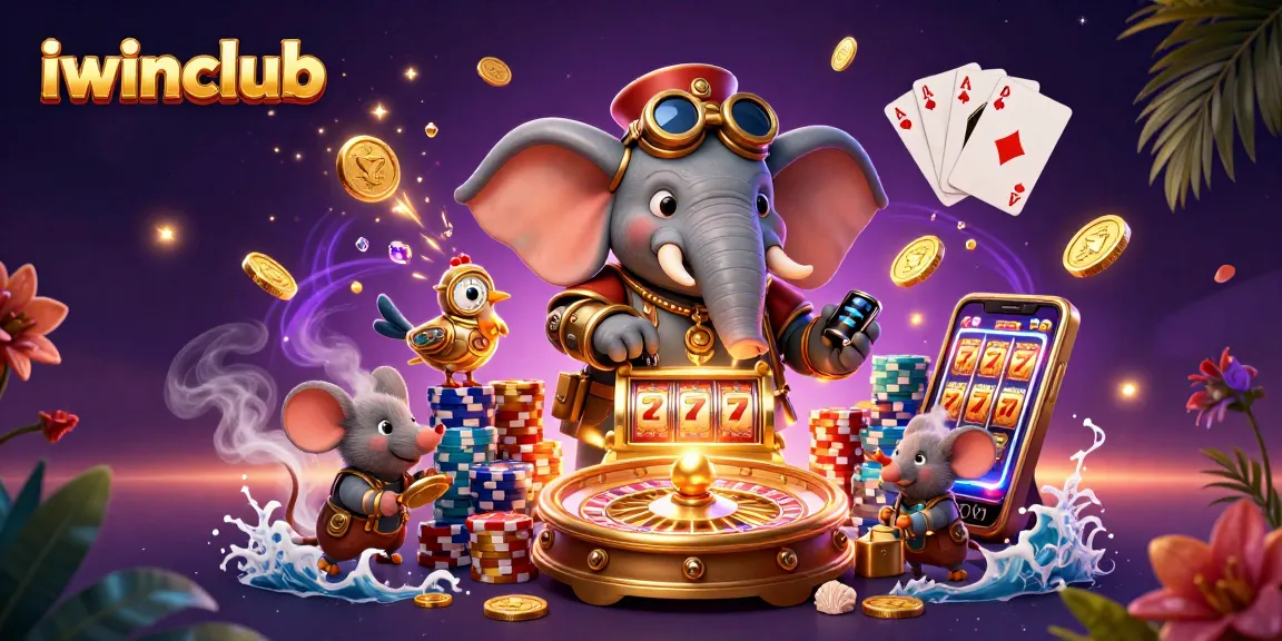 iwinclub showcases an engaging 3D cartoon scene featuring a lucky steampunk elephant at a vibrant casino