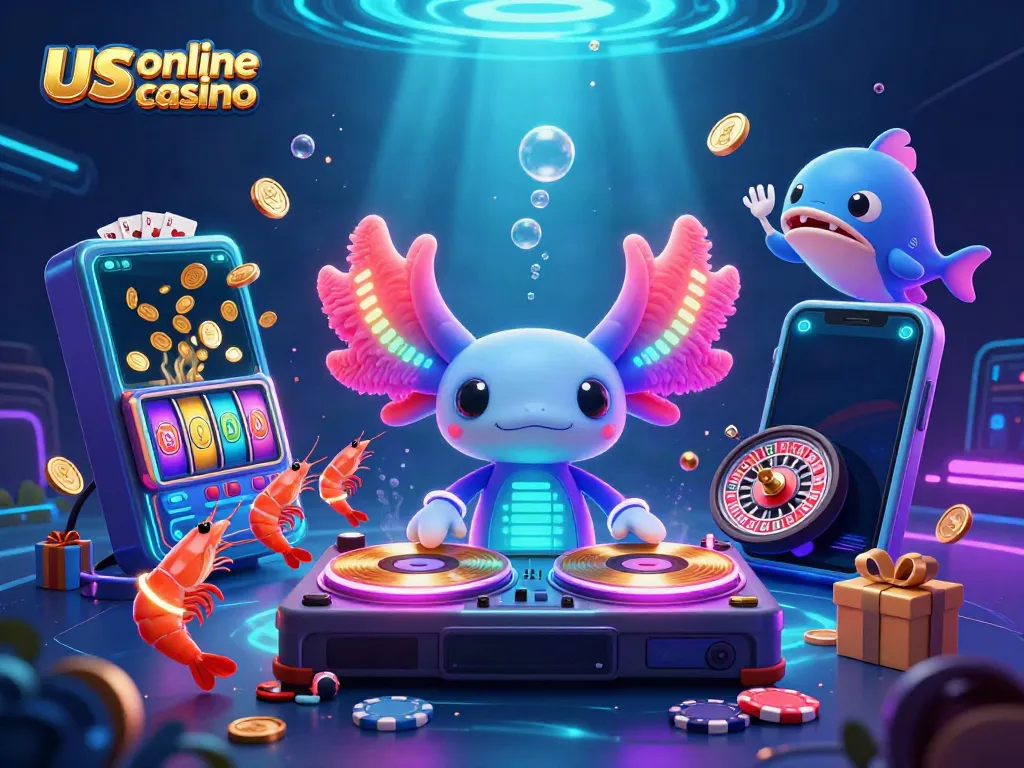 Experience the thrill of the us online casino with a vibrant underwater party featuring a DJ axolotl.