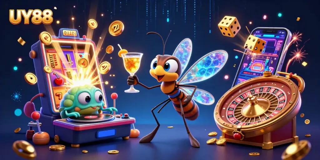 Experience the excitement of UY88 with a dynamic 3D casino scene featuring entertaining characters and vibrant game elements.