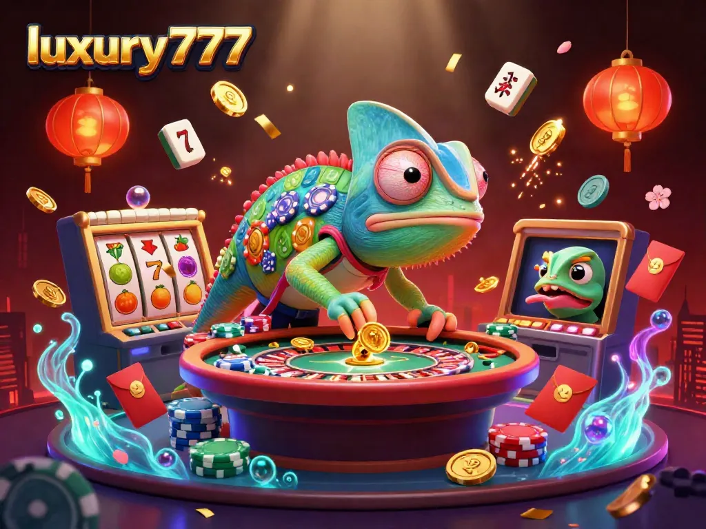 Play luxury777 as the chameleon casino owner entertains with festive gaming elements in an exciting casino scene.