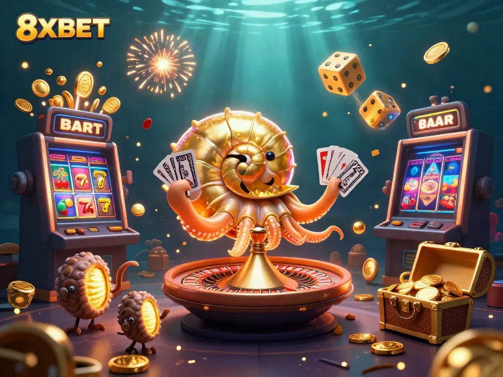 Experience the thrill of 8XBET as a vibrant 3D nautilus roulette wheel and slot machine burst with winnings.