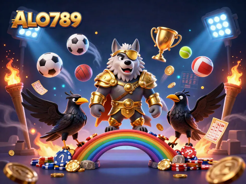 Bet on ALO789 with a vibrant 3D casino scene featuring mythological characters and sports elements.