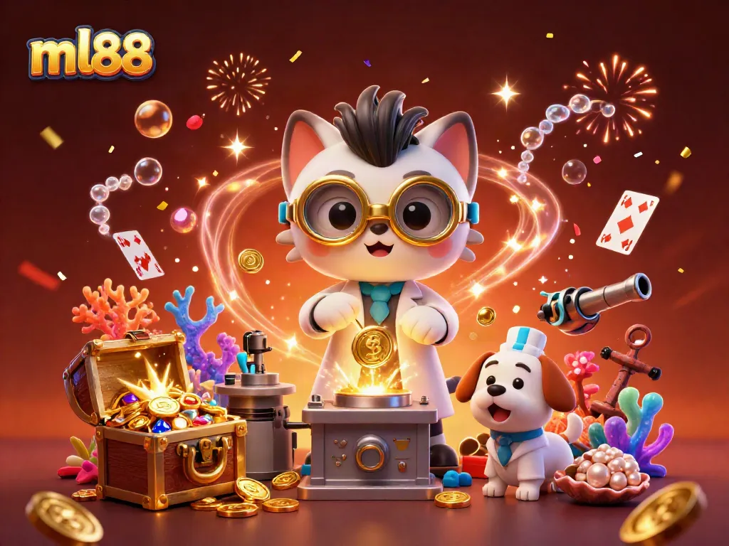 Experience the excitement of ml88 with a cartoon cat scientist and dog assistant creating a gold-coin-replication machine in a vibrant casino scene.