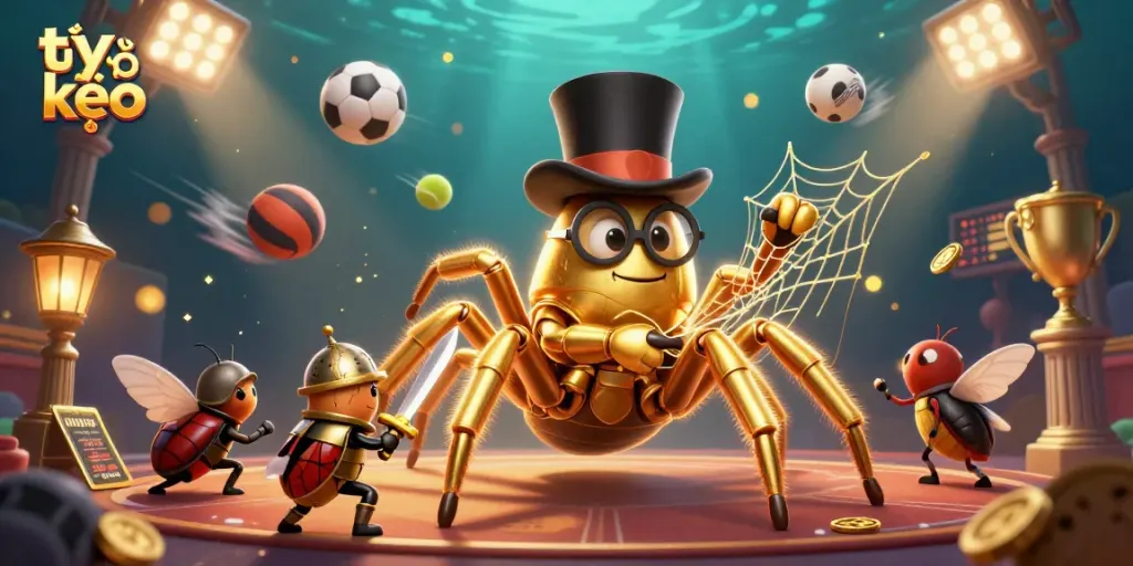 Experience the excitement of tỷ lệ kèo and sports betting with this dynamic scene featuring a golden tarantula and beetle knight.