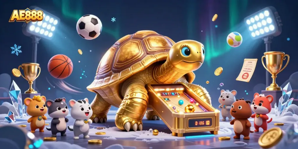 Experience the thrill of AE888 with a dynamic 3D casino scene full of exciting gaming elements.