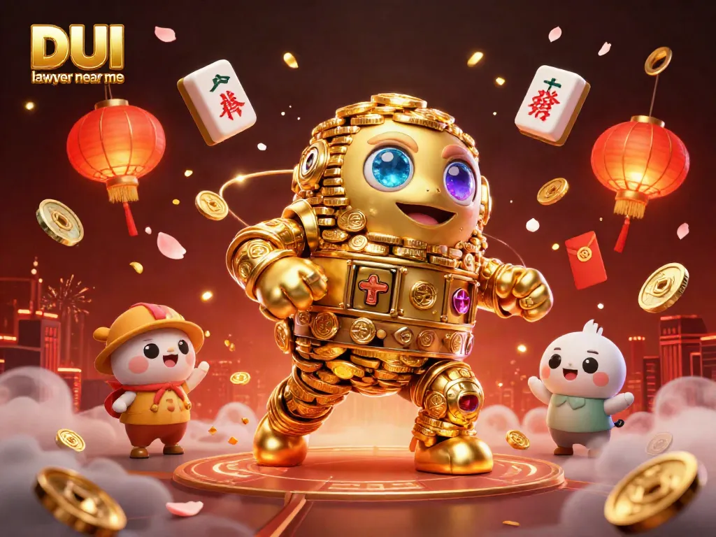 Vibrant scene featuring a DUI lawyer near me golden golem with animated gambling elements.