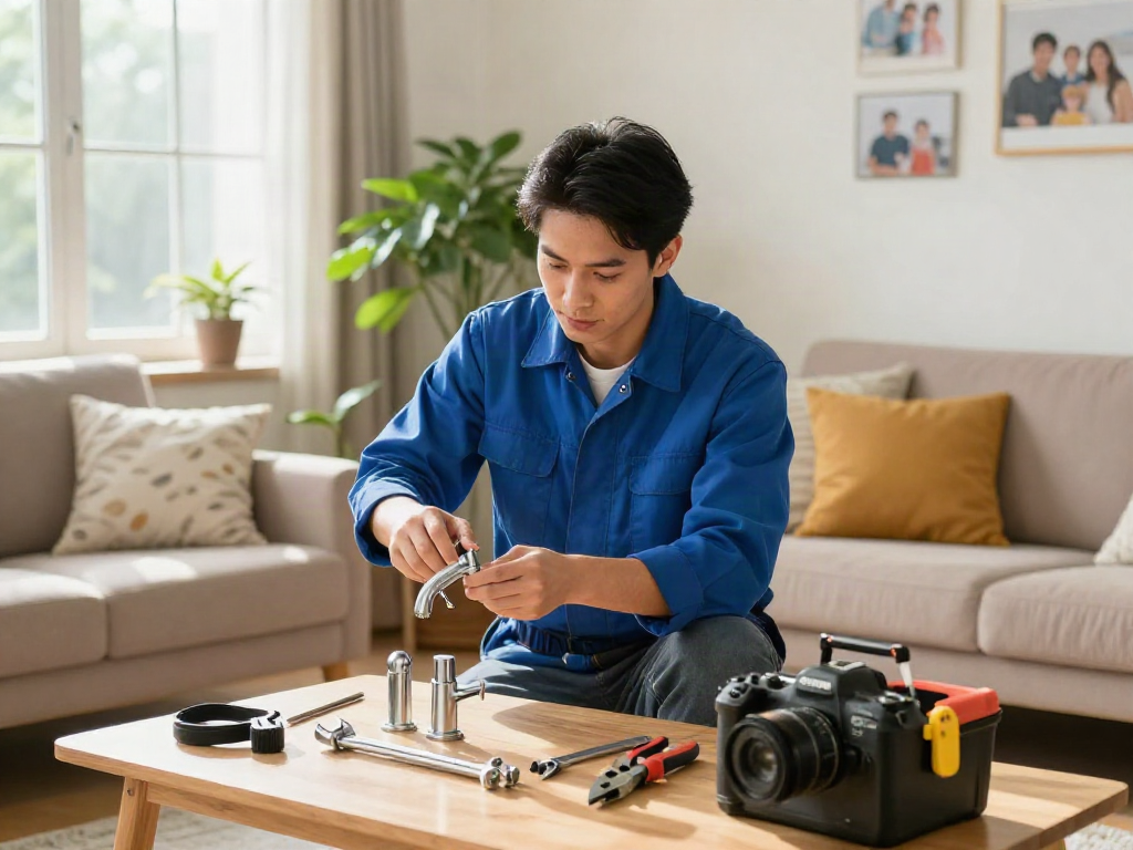 Home repair services Des Moines Iowa with a handyman fixing a faucet in a cozy living room.