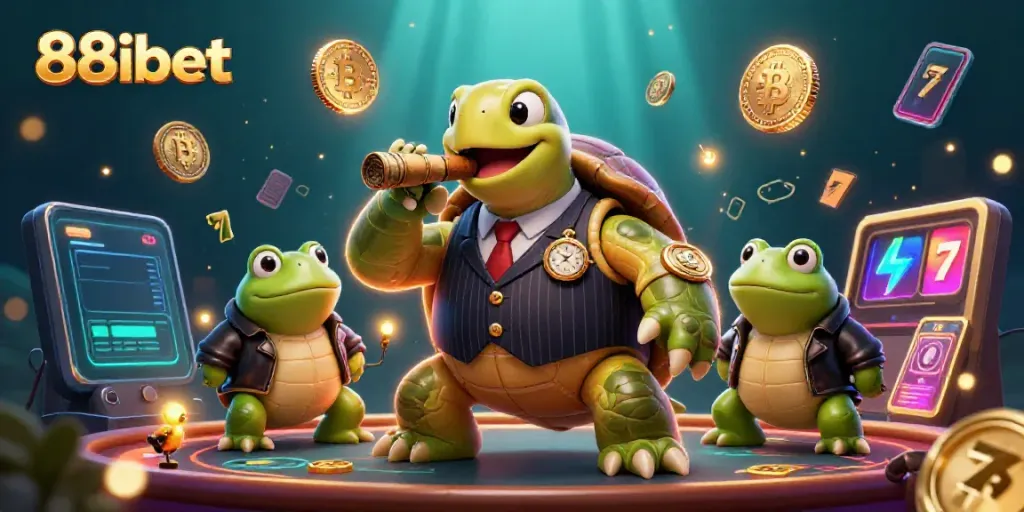 Experience 88ibet gaming thrills with a massive turtle mobster and bullfrog enforcers in a vibrant casino scene.