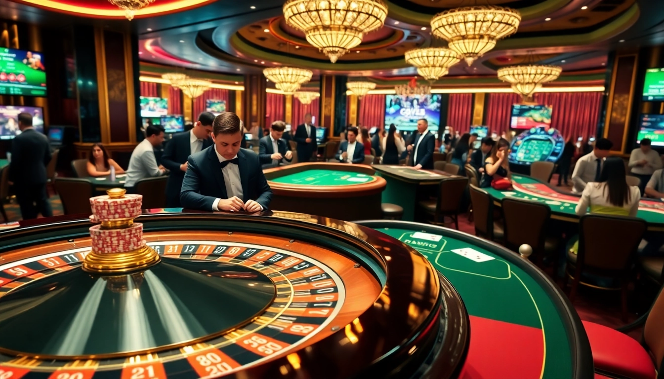Players enjoying exciting games at GG88 online casino scene with roulette and poker chips.