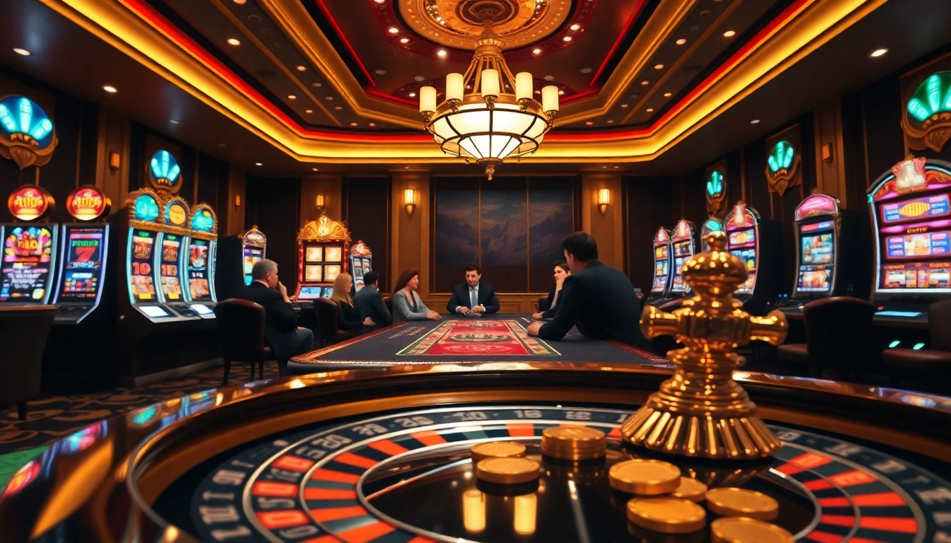 Experience the thrill of U888 with players at a casino table and vibrant slot machines.