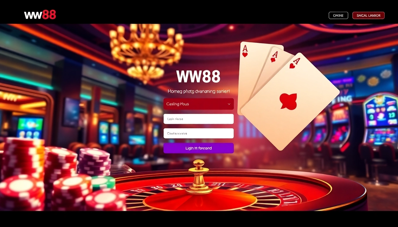 Experience the excitement of Đăng nhập ww88 with a dynamic casino interface featuring poker chips and slot machines.