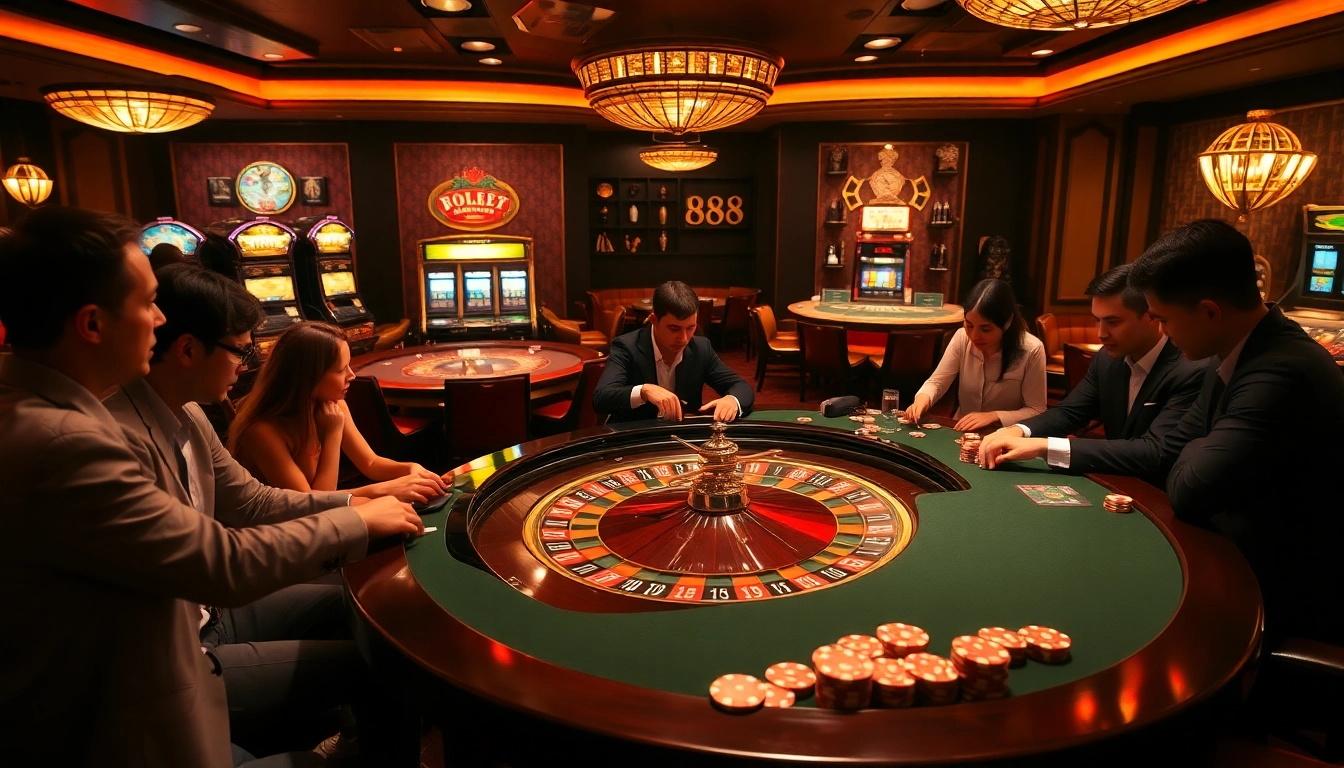 Experience high-stakes gaming at RR88's luxurious roulette table amid vibrant casino elements.