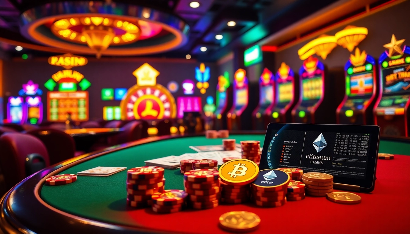 Engaging scene of players enjoying games at the best crypto casinos with vibrant slot machines and elegant poker tables.