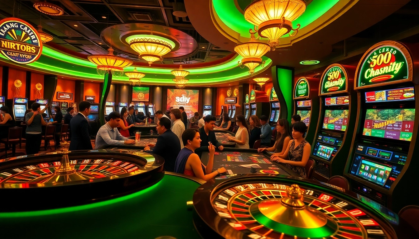 Exciting scene of gamblers enjoying Trang Chủ RR88, showcasing vibrant casino elements like roulette and slot machines.