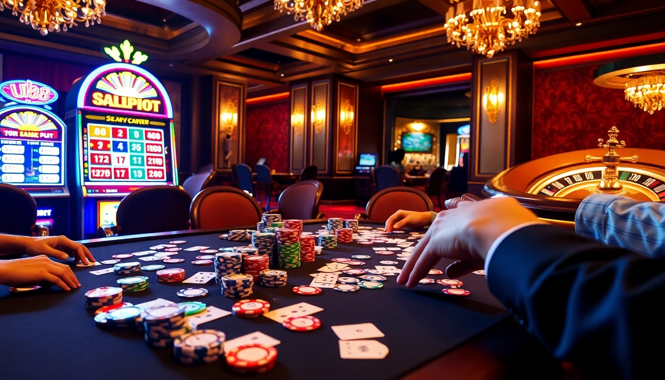 Players enjoying a thrilling game at UU88 Casino, with poker chips and a roulette wheel in action.
