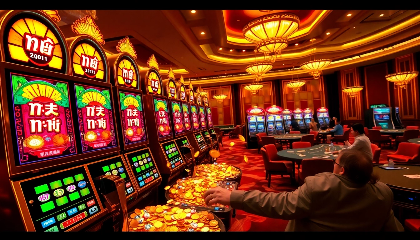 Gambling scene showcasing nổ hũ slot machines and vibrant casino action with players engaged in gaming.