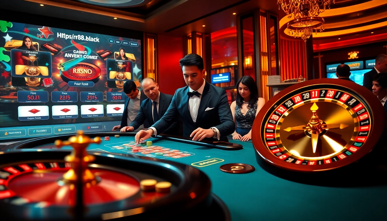 Experience thrilling gameplay at https://rr88.black/ with poker and roulette in a lavish casino setting.