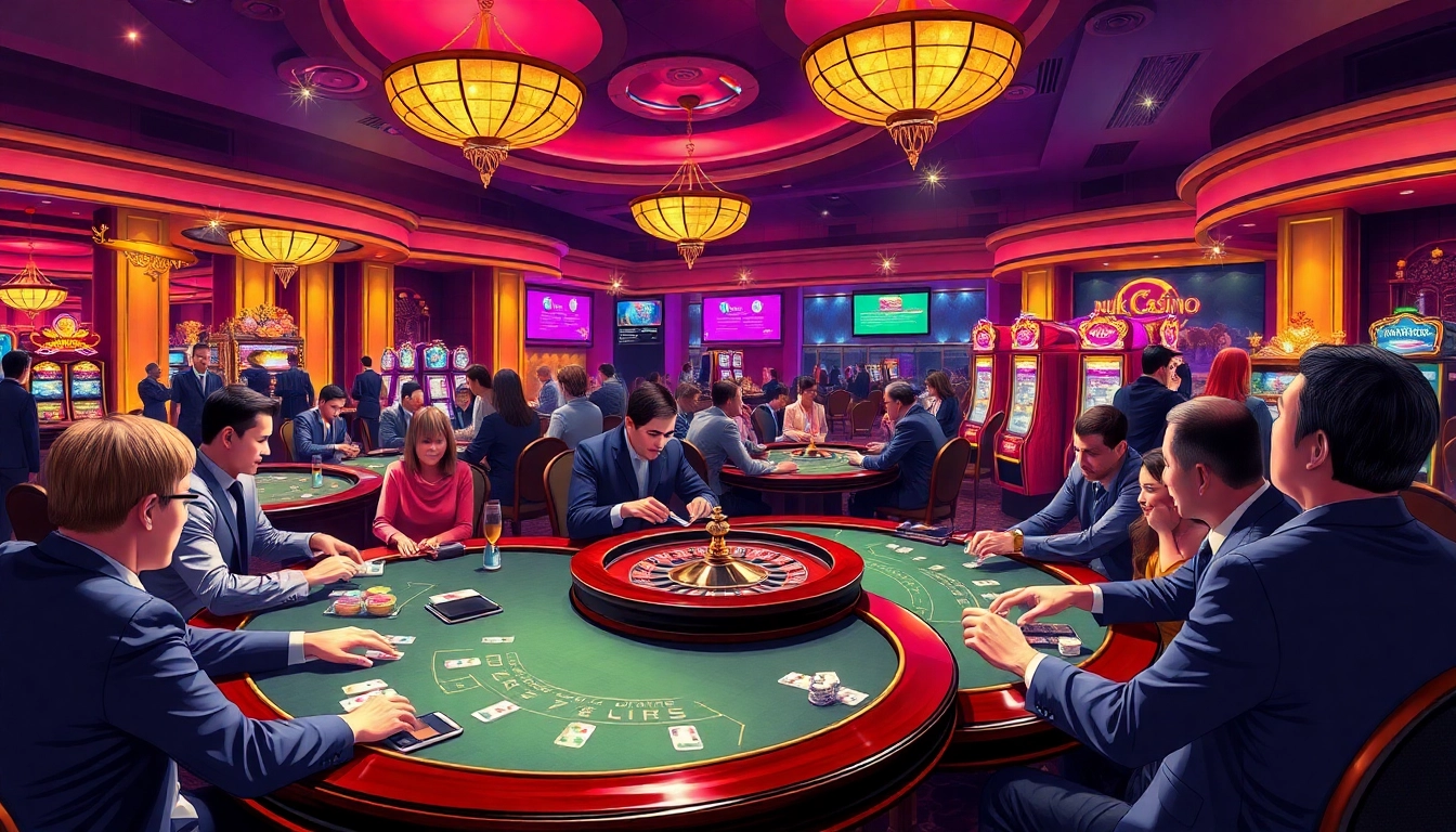 Engage in thrilling moments at nk88 casino with vibrant tables and excited gamblers.