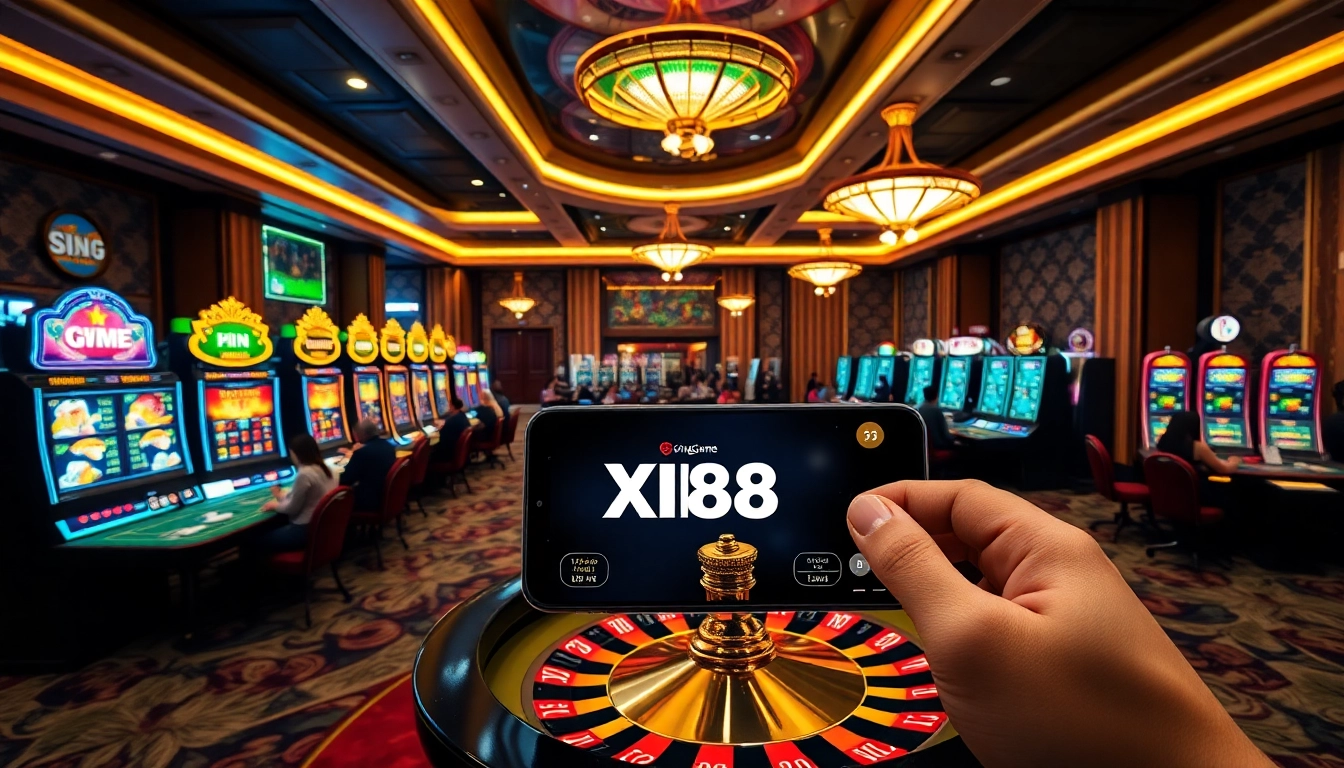 Cổng Game XIN88 showcasing a vibrant online casino scene with exciting slot machines and players at poker tables.