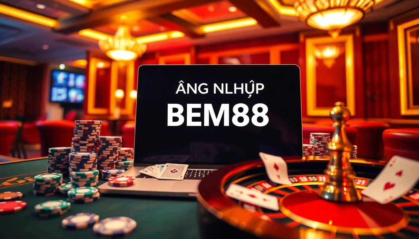 Login steps for ĐĂNG NHẬP BEM88 on a sleek casino interface, featuring vibrant casino elements.