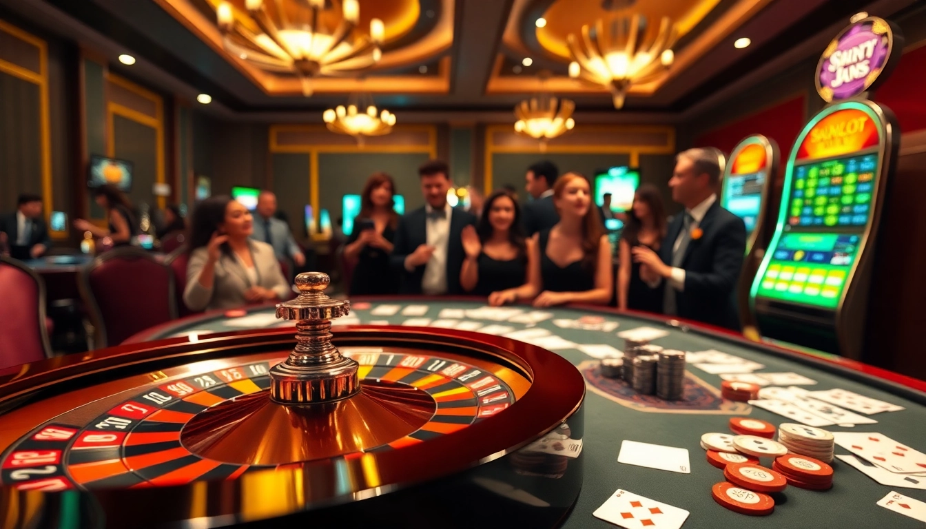 An engaging casino scene highlighting Link HITCLUB with players enjoying gaming tables and a vibrant roulette wheel.