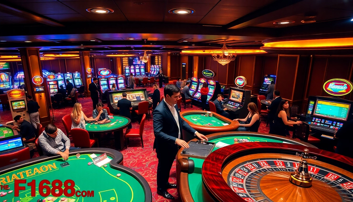 A dynamic casino scene featuring players engaged in exciting games at F168 COM's gaming tables.