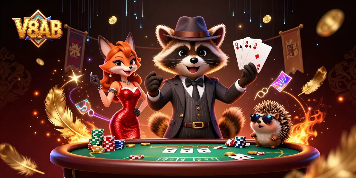 V8AB attracts gamers with vibrant 3D illustration of raccoon, fox, and hedgehog in a bustling casino scene.
