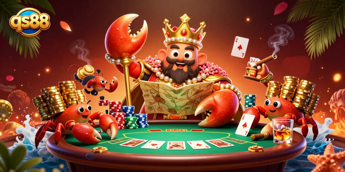 Experience thrilling gameplay at qs88 with vibrant 3D illustration showcasing poker elements and golden crab emperor.