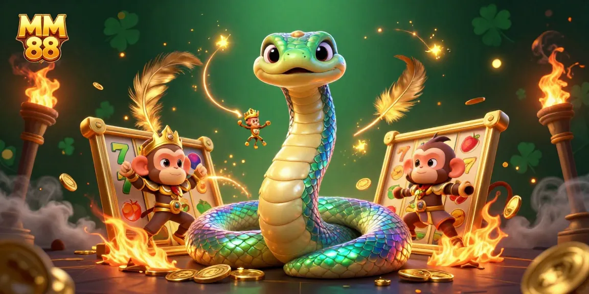 Engage with MM 88's vibrant casino scene featuring a rainbow serpent and golden elements.