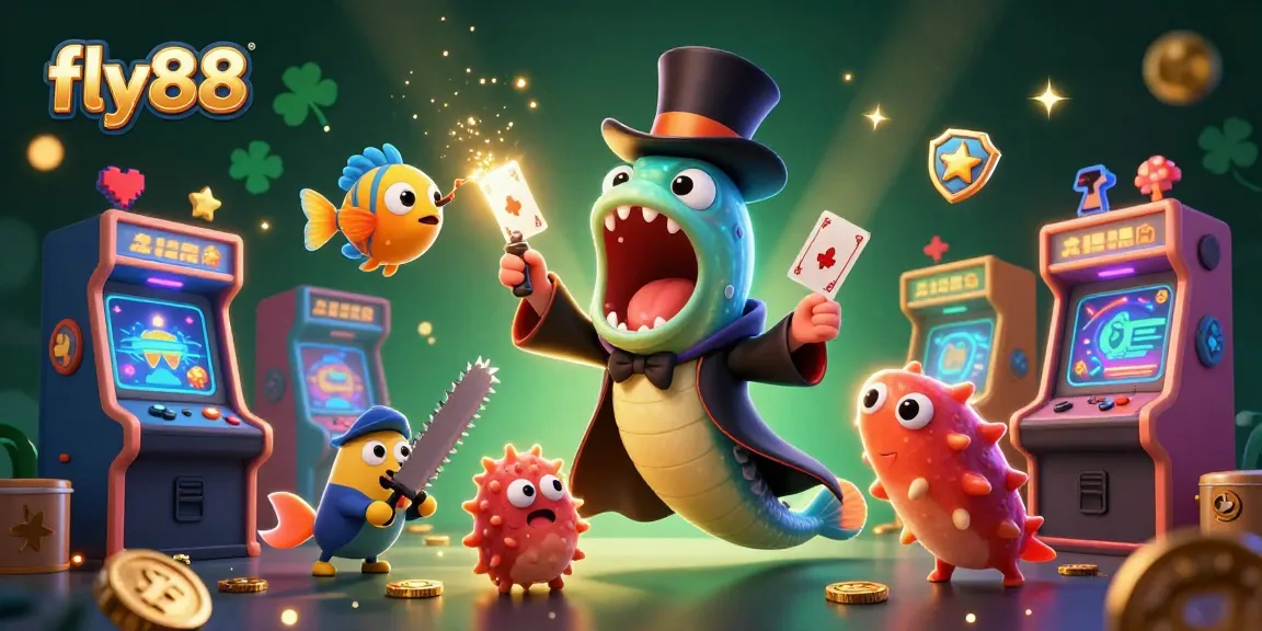 Experience thrilling gameplay at fly88 with an illustrated casino magic act featuring colorful elements and deep-sea characters.