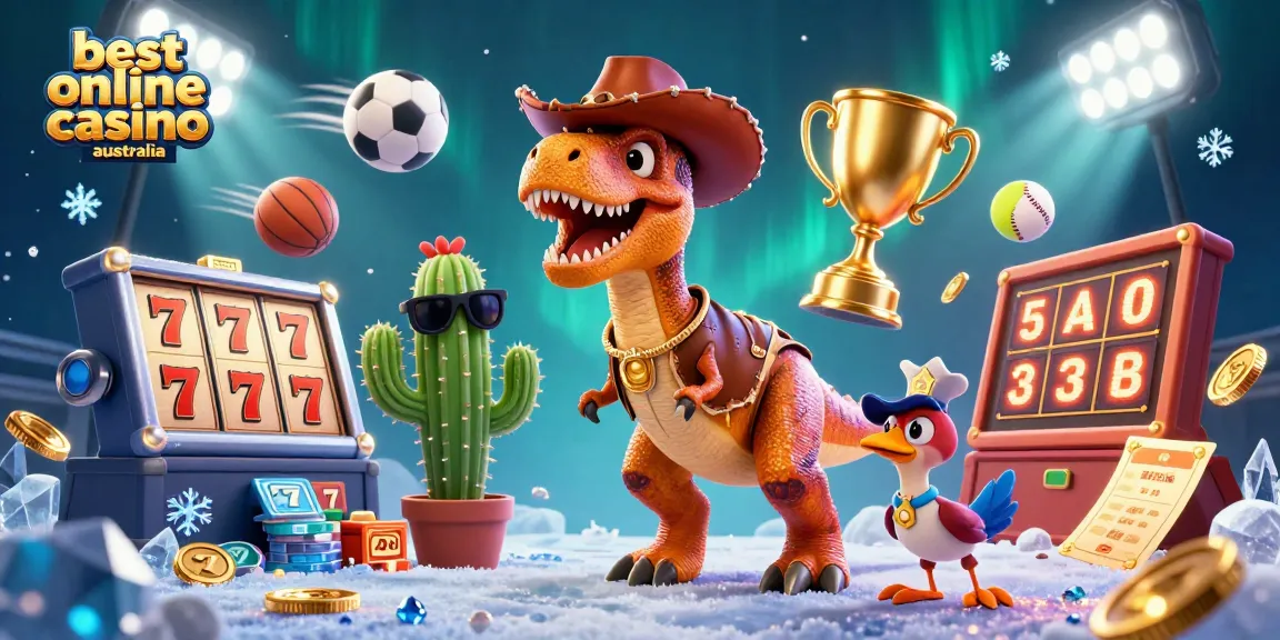 Join the fun at the best online casino Australia with an exciting scene of a T-Rex cowboy and gaming elements.