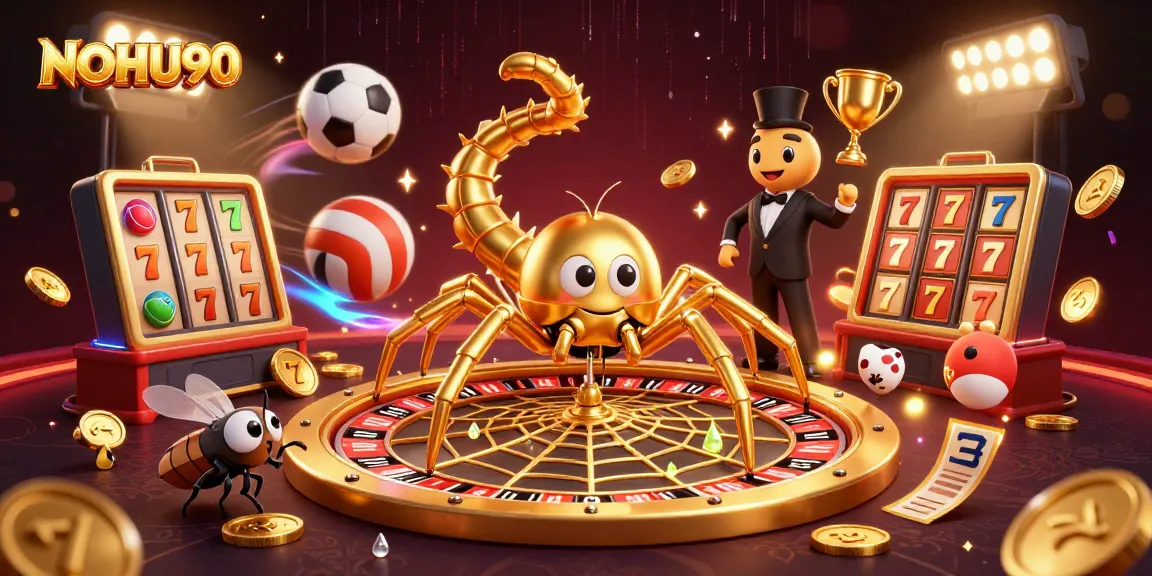 Experience the thrill of betting at NOHU90 with a dynamic 3D illustration of a golden spider and exciting casino elements.