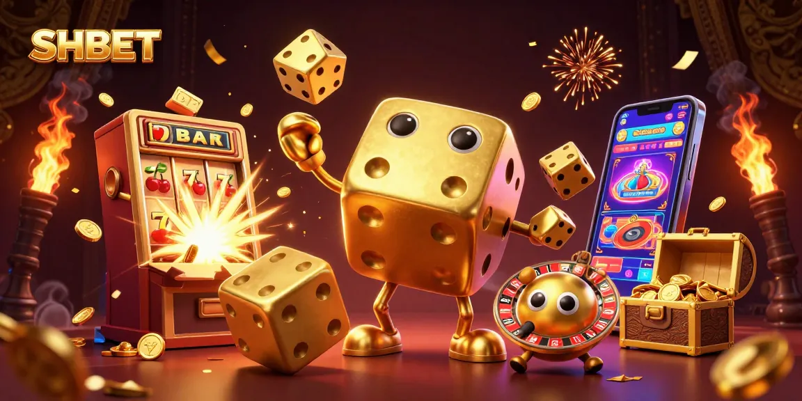 SHBET features a dynamic gold dice golem juggling smaller dice amidst a jackpot explosion in a vibrant casino scene.
