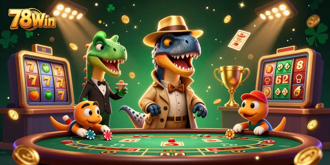 Experience thrilling action at 78Win with a velociraptor counter and slot elements in a lively casino scene.